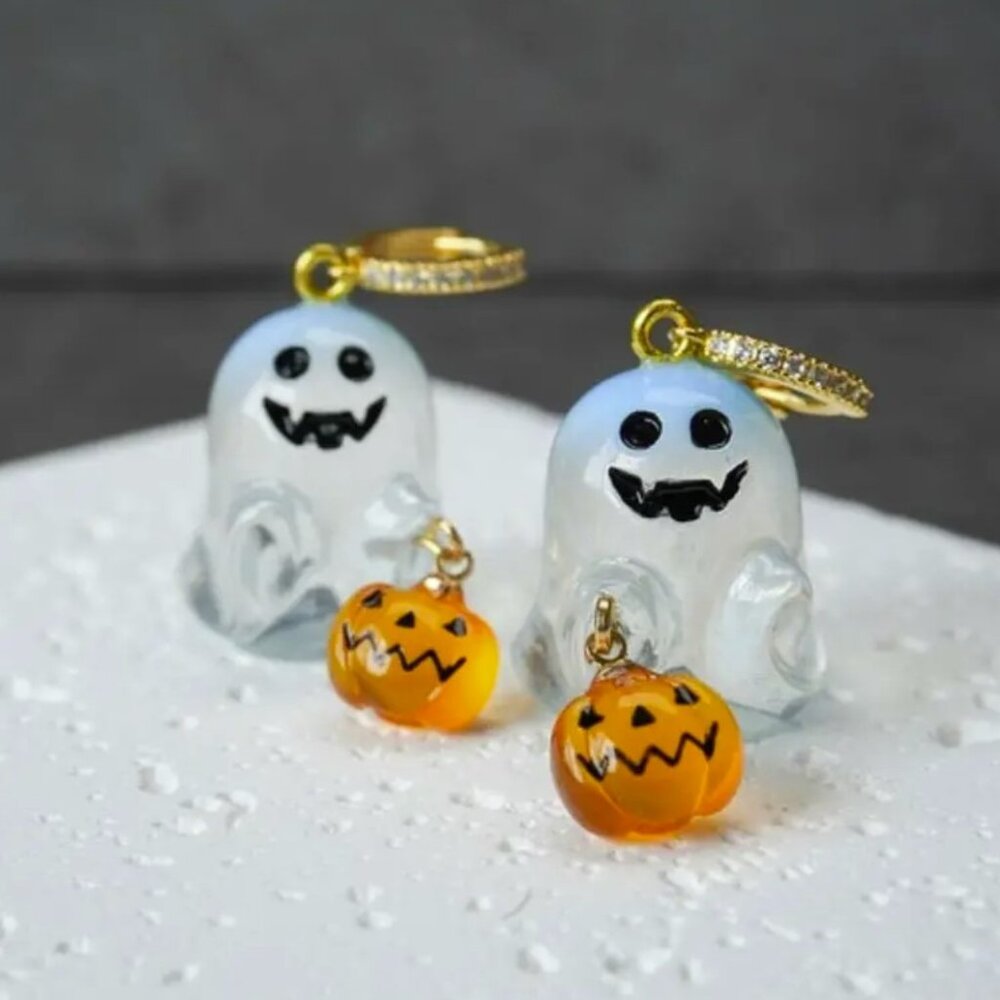 Halloween Ghost and Pumpkin Hoop Earrings.